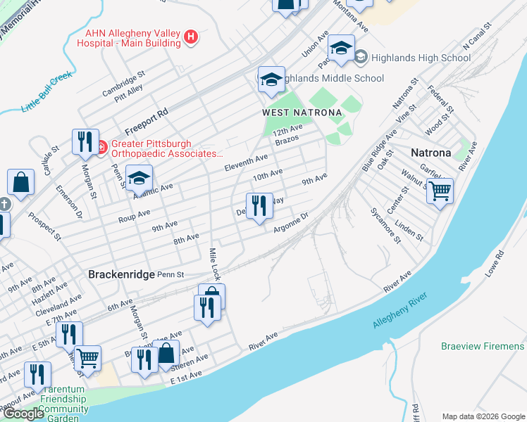 map of restaurants, bars, coffee shops, grocery stores, and more near 1261 8th Avenue in Natrona Heights
