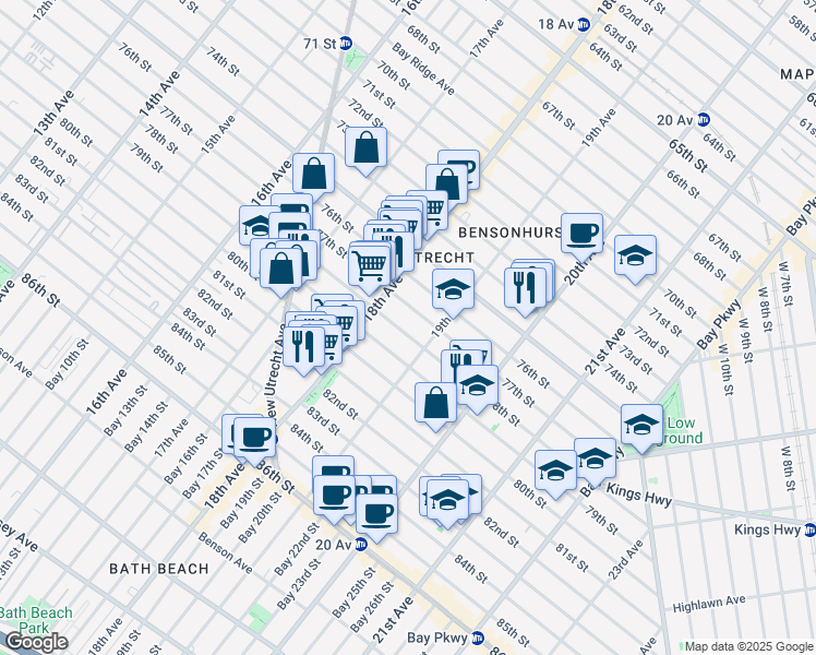 map of restaurants, bars, coffee shops, grocery stores, and more near 1847 78th Street in Brooklyn