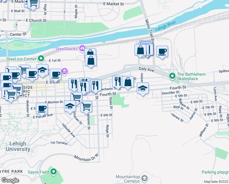 map of restaurants, bars, coffee shops, grocery stores, and more near 1019 East 4th Street in Bethlehem