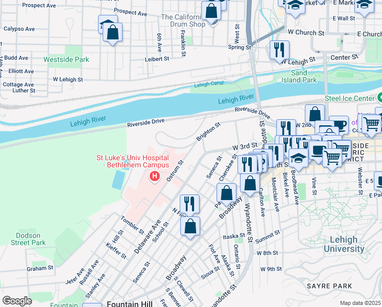 map of restaurants, bars, coffee shops, grocery stores, and more near 460 Ostrum Street in Fountain Hill