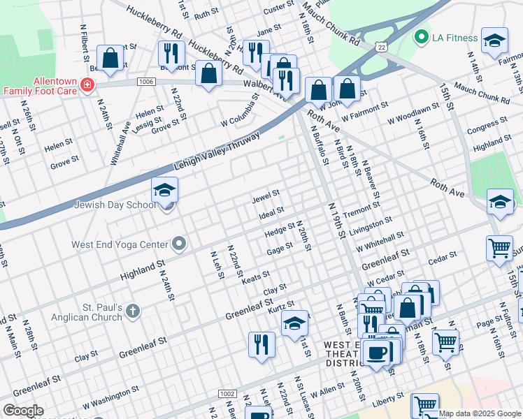 map of restaurants, bars, coffee shops, grocery stores, and more near 1123 N 21st St in Allentown