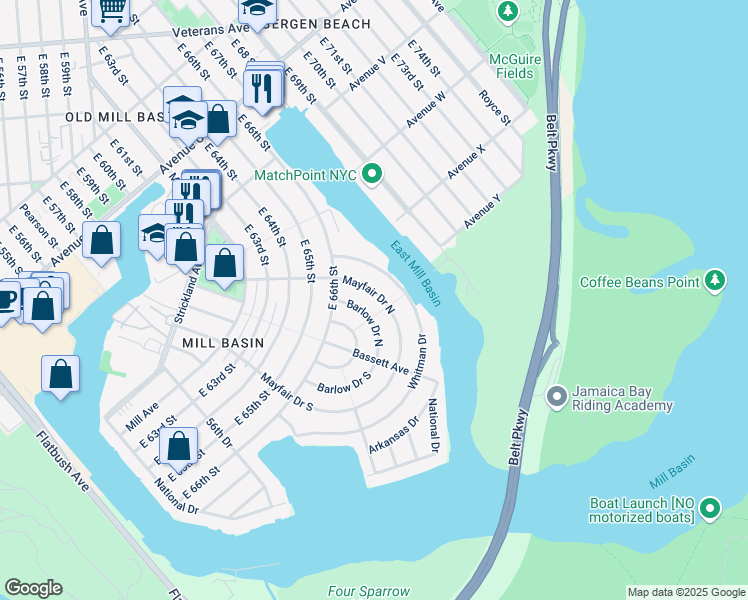 map of restaurants, bars, coffee shops, grocery stores, and more near 250 Mayfair Drive South in Brooklyn