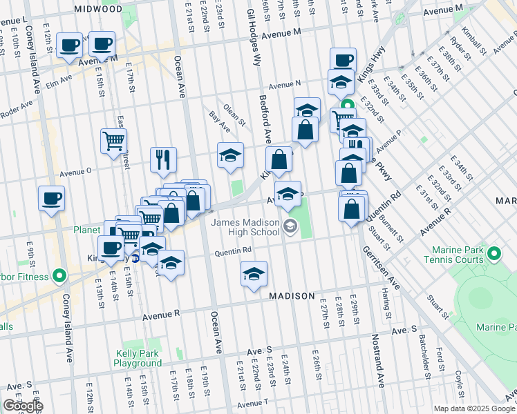 map of restaurants, bars, coffee shops, grocery stores, and more near 2318 Avenue P in Brooklyn