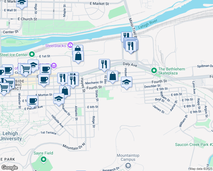 map of restaurants, bars, coffee shops, grocery stores, and more near 1105 East 4th Street in Bethlehem