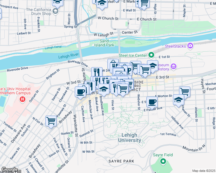 map of restaurants, bars, coffee shops, grocery stores, and more near 120 West Graham Place in Bethlehem