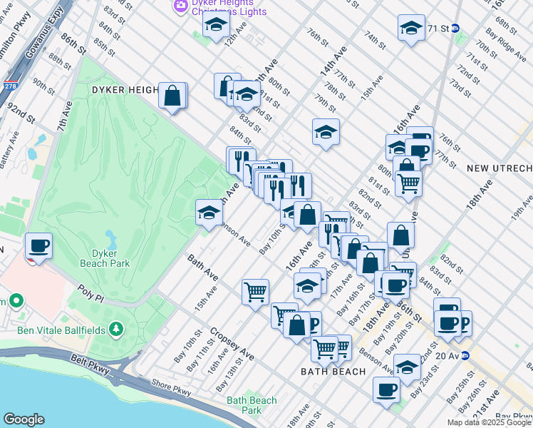 map of restaurants, bars, coffee shops, grocery stores, and more near 8622 15th Avenue in Brooklyn