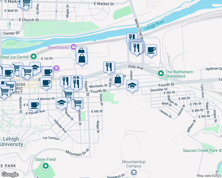 map of restaurants, bars, coffee shops, grocery stores, and more near 1103 East 4th Street in Bethlehem