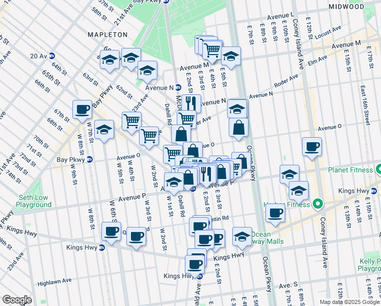 map of restaurants, bars, coffee shops, grocery stores, and more near 1703 McDonald Avenue in Brooklyn