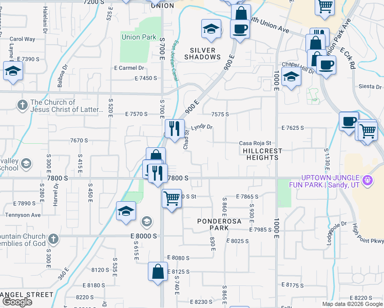 map of restaurants, bars, coffee shops, grocery stores, and more near 795 East Chad Circle in Midvale