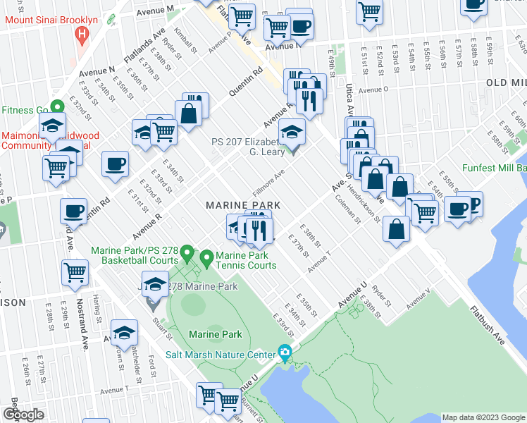 map of restaurants, bars, coffee shops, grocery stores, and more near 1932 East 37th Street in Brooklyn