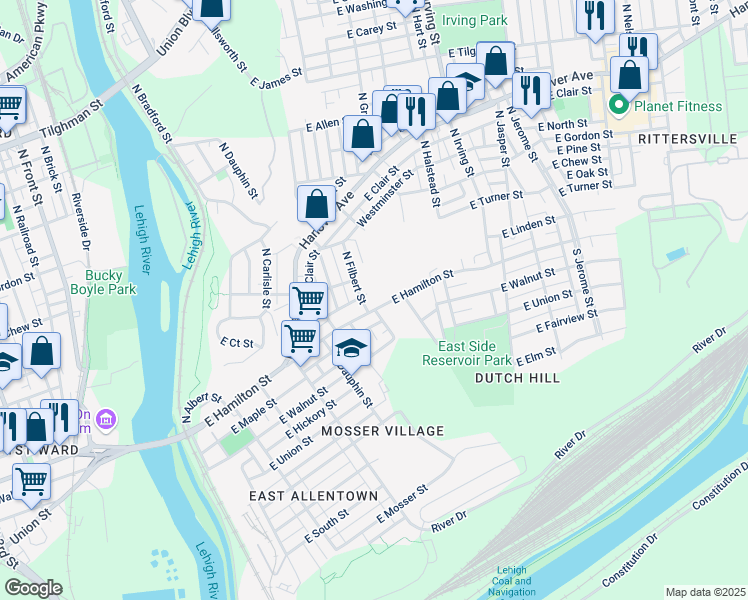 map of restaurants, bars, coffee shops, grocery stores, and more near 10 North Filbert Street in Allentown