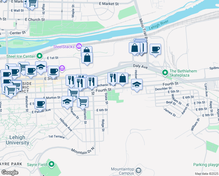 map of restaurants, bars, coffee shops, grocery stores, and more near 1019 East 4th Street in Bethlehem