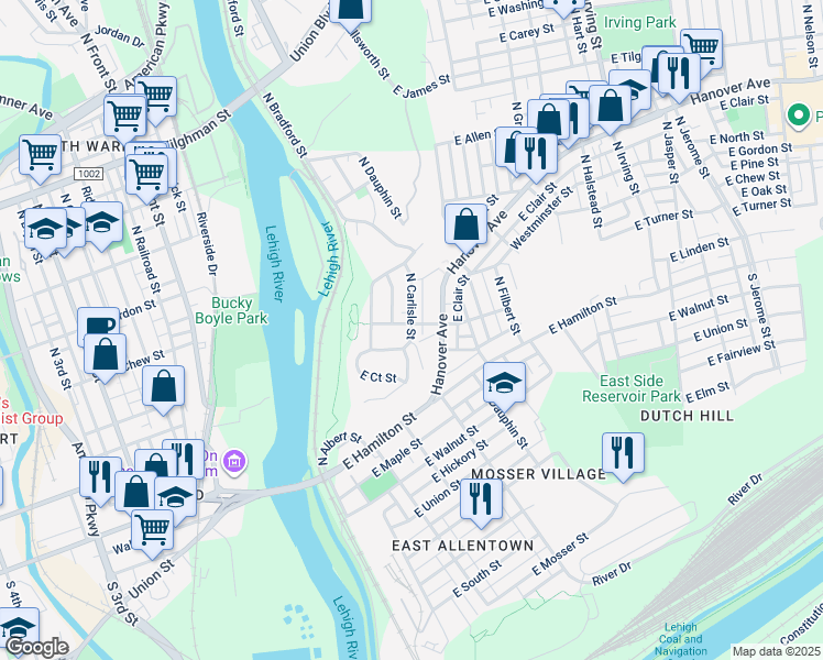 map of restaurants, bars, coffee shops, grocery stores, and more near 99 North Carlisle Street in Allentown