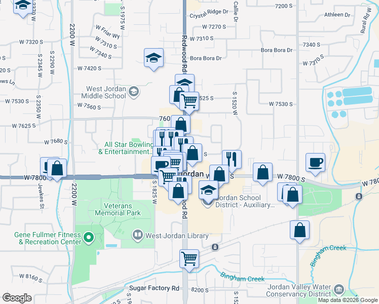 map of restaurants, bars, coffee shops, grocery stores, and more near 7693 South Redwood Road in West Jordan