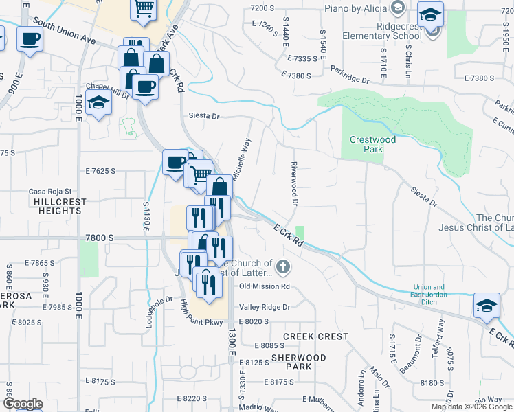 map of restaurants, bars, coffee shops, grocery stores, and more near 7668 Hilden Court in Cottonwood Heights