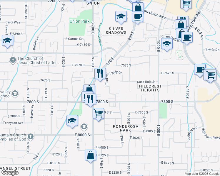 map of restaurants, bars, coffee shops, grocery stores, and more near 795 East Chad Circle in Midvale