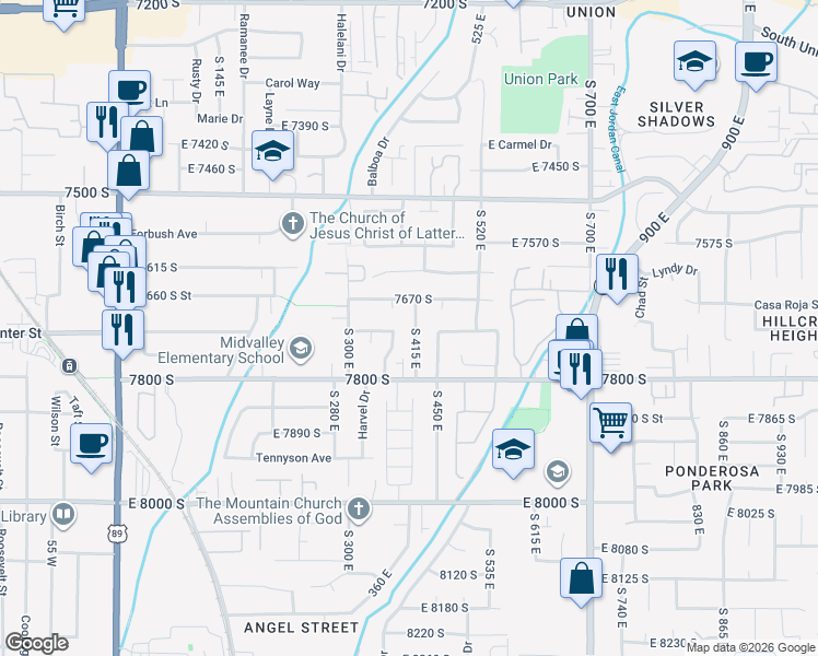 map of restaurants, bars, coffee shops, grocery stores, and more near 7718 South 415 East in Midvale