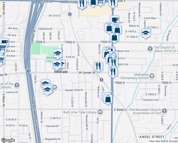 map of restaurants, bars, coffee shops, grocery stores, and more near in Midvale