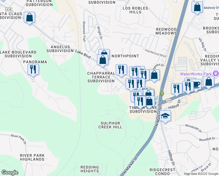 map of restaurants, bars, coffee shops, grocery stores, and more near 315 Buckeye Terrace in Redding