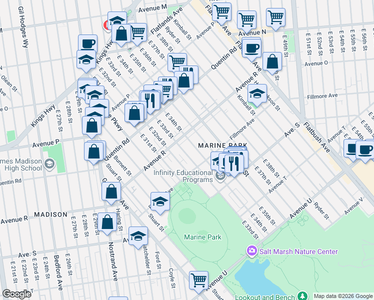 map of restaurants, bars, coffee shops, grocery stores, and more near 1827 East 33rd Street in Brooklyn