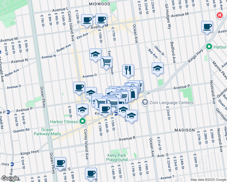 map of restaurants, bars, coffee shops, grocery stores, and more near 1587 East 16th Street in Brooklyn