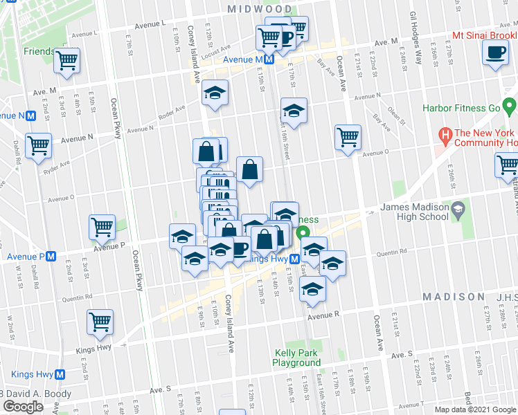 map of restaurants, bars, coffee shops, grocery stores, and more near 1561 East 13th Street in Brooklyn