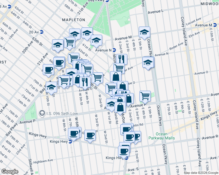 map of restaurants, bars, coffee shops, grocery stores, and more near 2440 64th Street in Brooklyn