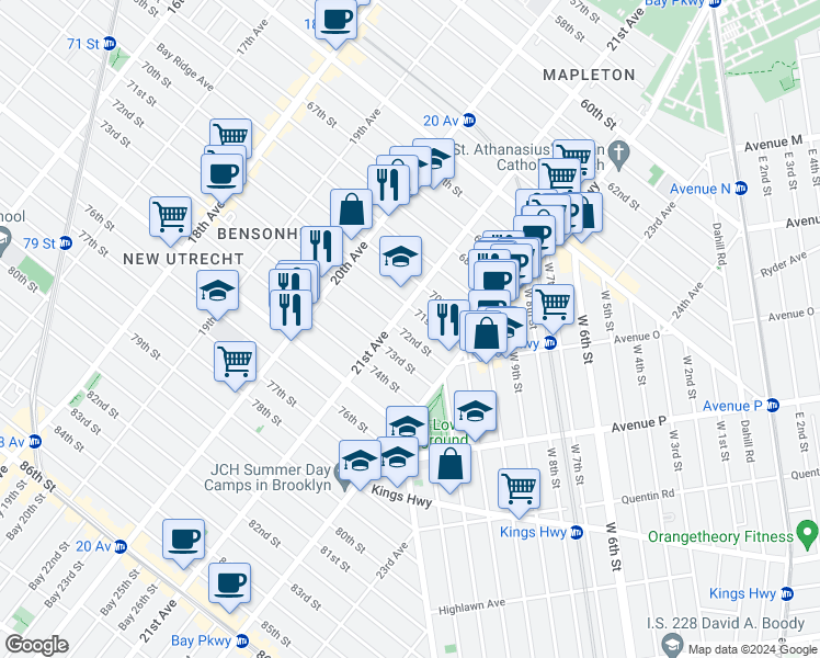 map of restaurants, bars, coffee shops, grocery stores, and more near 2112 72nd Street in Brooklyn