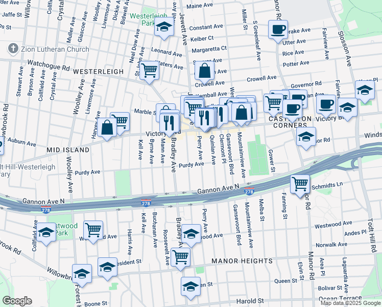 map of restaurants, bars, coffee shops, grocery stores, and more near 48 Wheeler Avenue in Staten Island