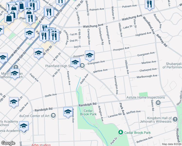 map of restaurants, bars, coffee shops, grocery stores, and more near in Plainfield