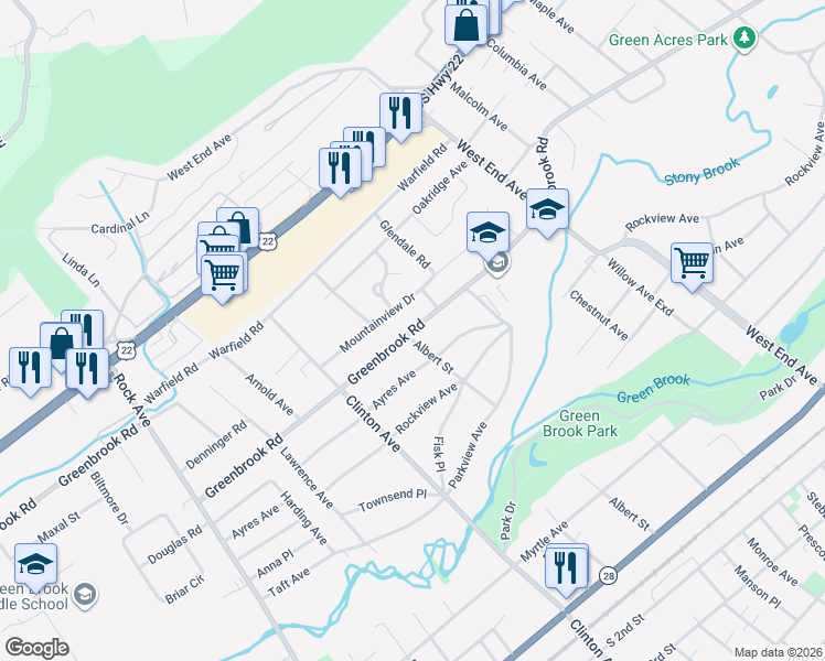 map of restaurants, bars, coffee shops, grocery stores, and more near 544 Greenbrook Road in North Plainfield