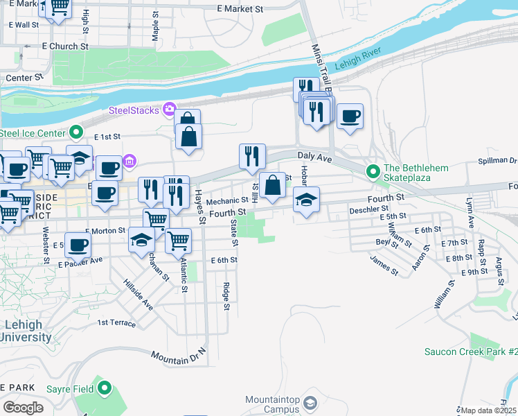 map of restaurants, bars, coffee shops, grocery stores, and more near 1101 East 4th Street in Bethlehem