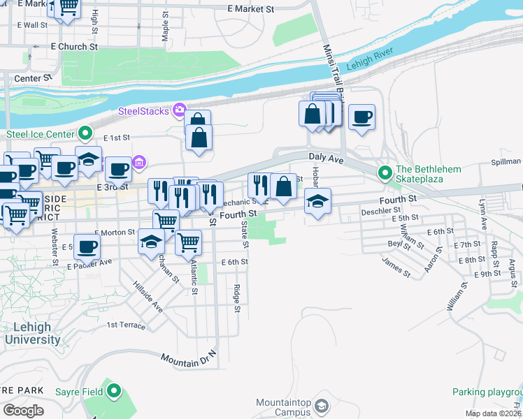 map of restaurants, bars, coffee shops, grocery stores, and more near 1101 East 4th Street in Bethlehem