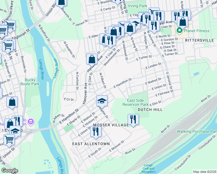 map of restaurants, bars, coffee shops, grocery stores, and more near 10 North Filbert Street in Allentown