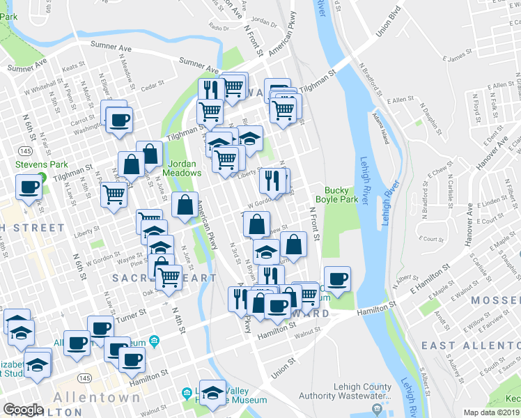 map of restaurants, bars, coffee shops, grocery stores, and more near 190 West Gordon Street in Allentown