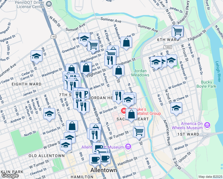 map of restaurants, bars, coffee shops, grocery stores, and more near 520 North Penn Street in Allentown