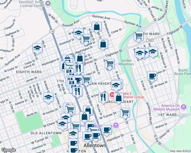map of restaurants, bars, coffee shops, grocery stores, and more near 520 North Penn Street in Allentown