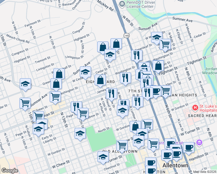 map of restaurants, bars, coffee shops, grocery stores, and more near 717 North New Street in Allentown