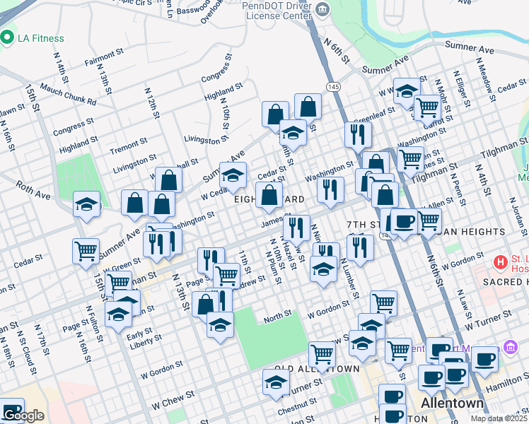 map of restaurants, bars, coffee shops, grocery stores, and more near in Allentown