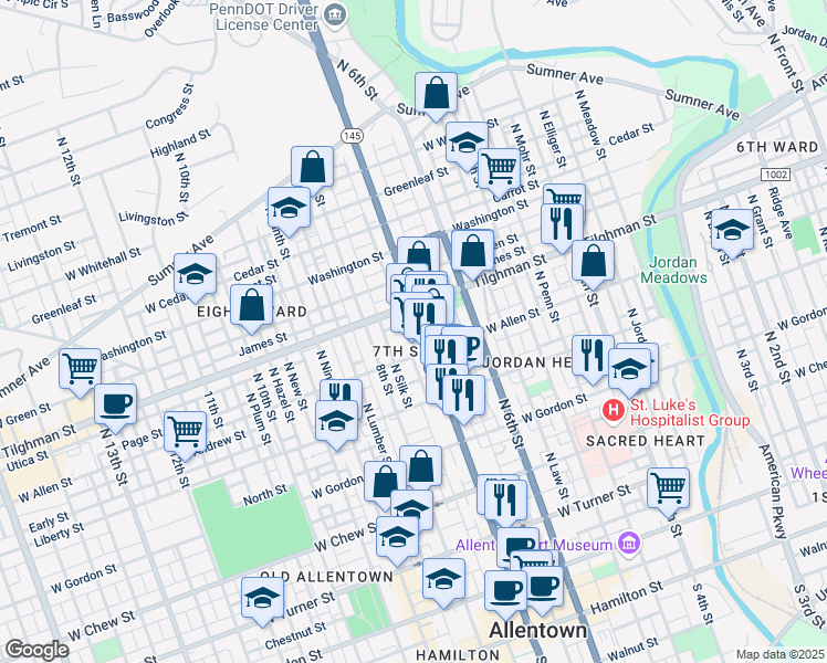 map of restaurants, bars, coffee shops, grocery stores, and more near 630 North 7th Street in Allentown