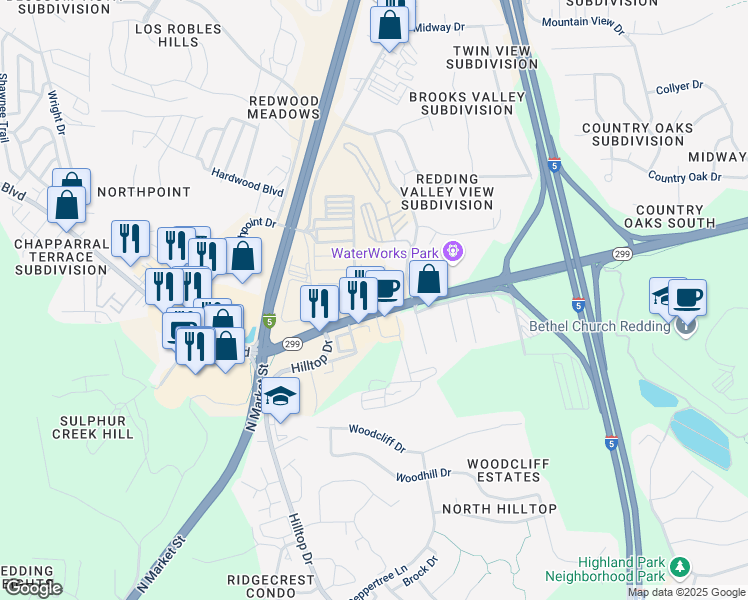 map of restaurants, bars, coffee shops, grocery stores, and more near 120 California 299 in Redding
