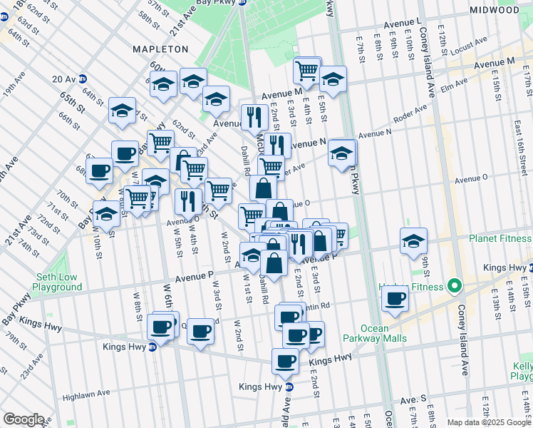 map of restaurants, bars, coffee shops, grocery stores, and more near 1712 McDonald Avenue in Brooklyn