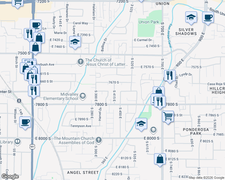 map of restaurants, bars, coffee shops, grocery stores, and more near 7718 South 415 East in Midvale