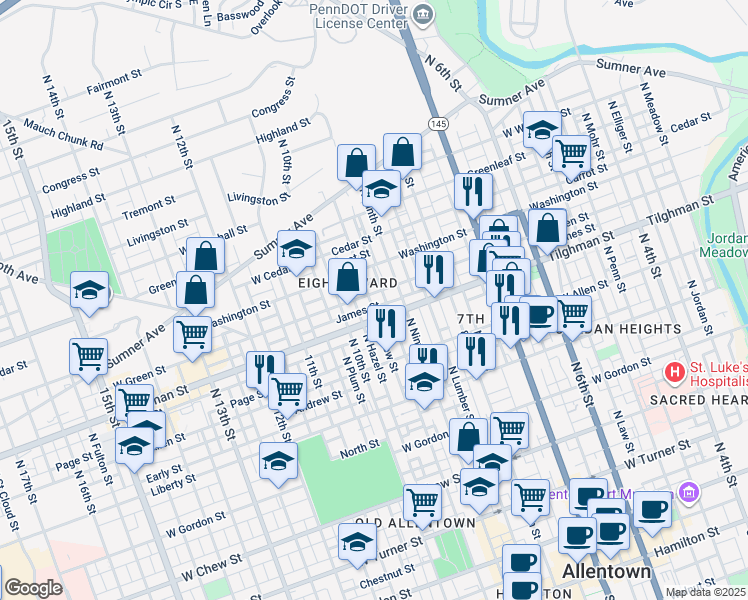 map of restaurants, bars, coffee shops, grocery stores, and more near 719 North New Street in Allentown