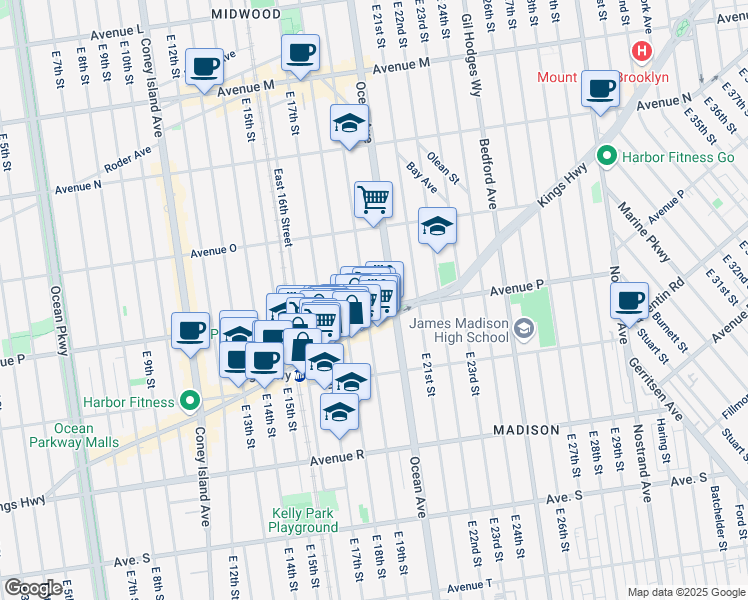 map of restaurants, bars, coffee shops, grocery stores, and more near 1901 Avenue P in Brooklyn