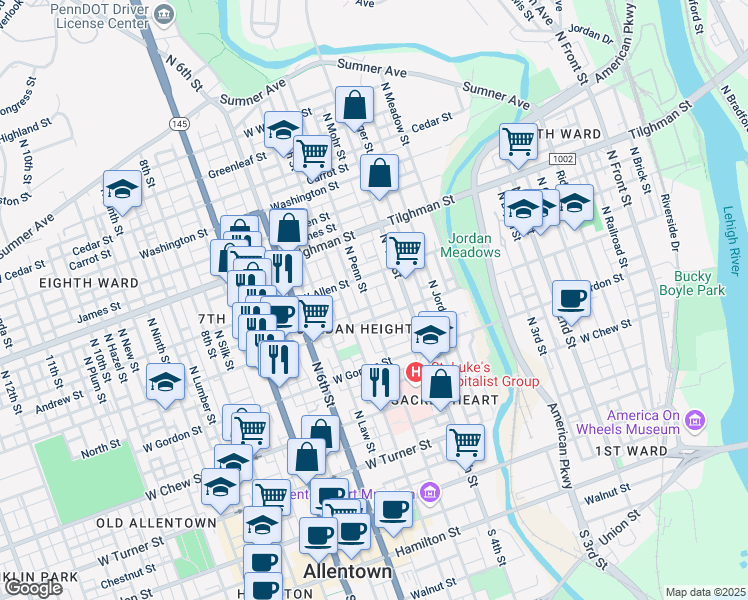 map of restaurants, bars, coffee shops, grocery stores, and more near 520 North Penn Street in Allentown