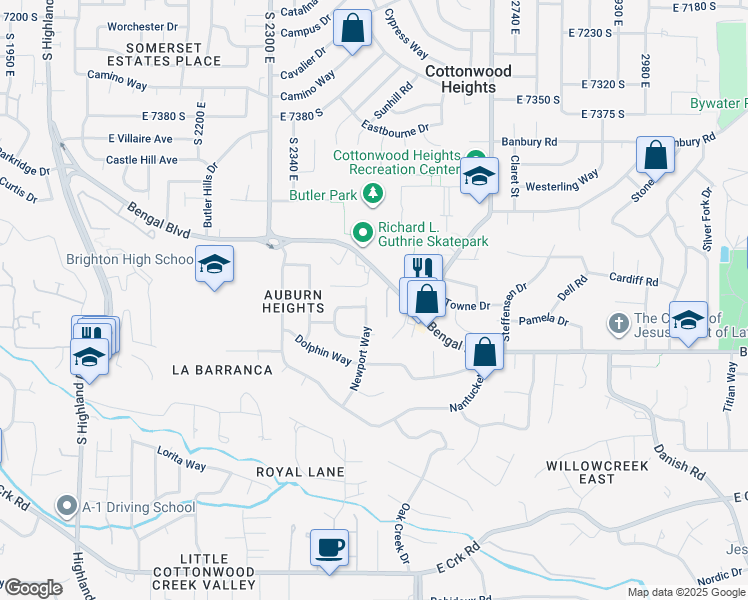 map of restaurants, bars, coffee shops, grocery stores, and more near 7707 Newport Way in Cottonwood Heights