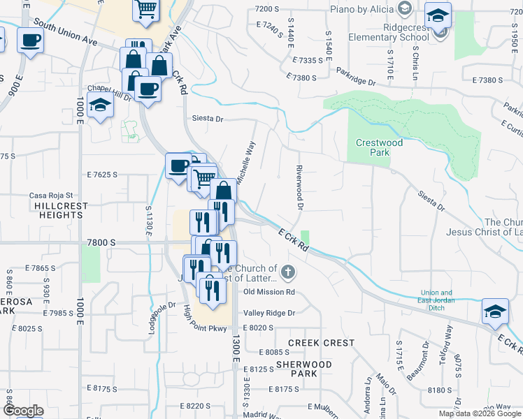 map of restaurants, bars, coffee shops, grocery stores, and more near 7668 Hilden Court in Cottonwood Heights