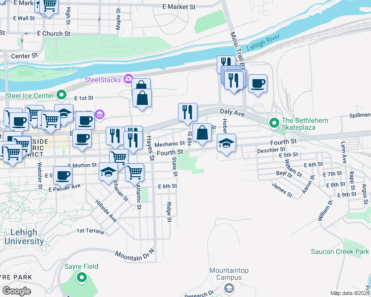 map of restaurants, bars, coffee shops, grocery stores, and more near 1037 East 4th Street in Bethlehem