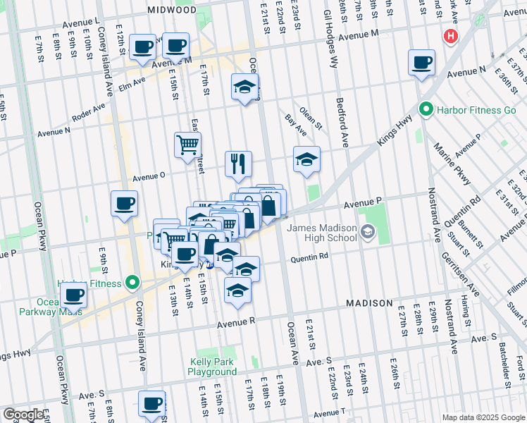map of restaurants, bars, coffee shops, grocery stores, and more near 1901 Avenue P in Brooklyn